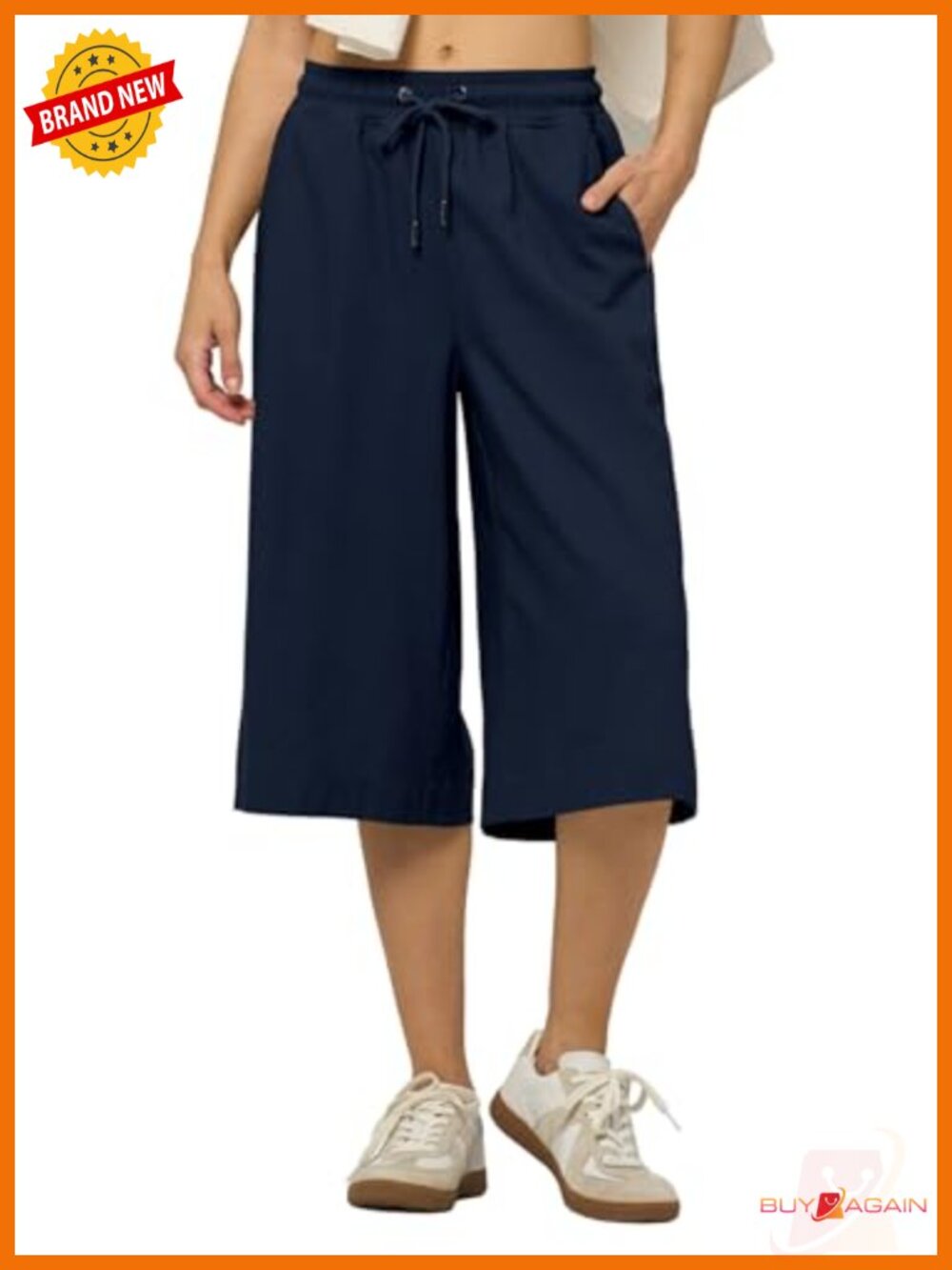 Women's Linen Capri Pants Wide Leg High Waisted with Pockets